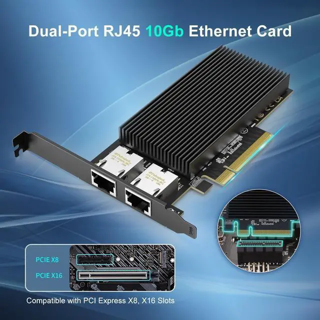 Alt view image 2 of 5 - 10G Dual RJ45 Port PCI-E Network Card, with X540 Controller, X540-T2 10Gb Ethernet Adapter with 2 * 10Gbe NIC, Support Windows/Linux/ESX Servers
