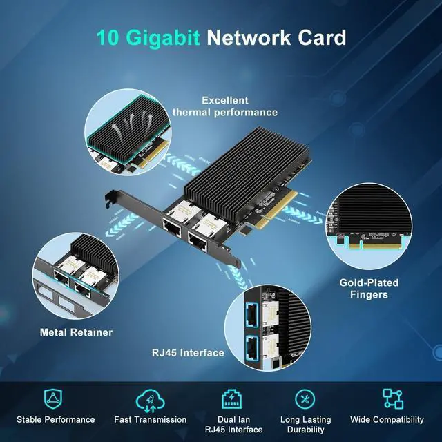 Alt view image 4 of 5 - 10G Dual RJ45 Port PCI-E Network Card, with X540 Controller, X540-T2 10Gb Ethernet Adapter with 2 * 10Gbe NIC, Support Windows/Linux/ESX Servers