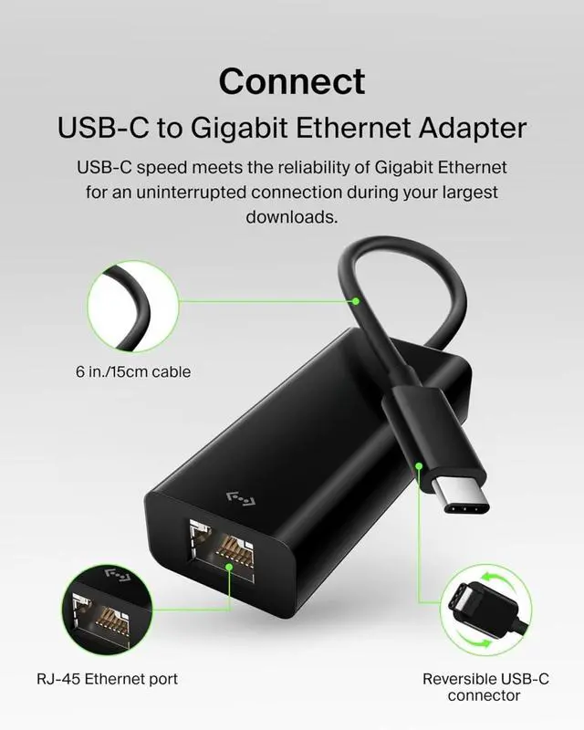 Alt view image 2 of 5 - USB-C to Ethernet Adapter, Gigabit Ethernet Port Compatible w/ USB-C Devices, USB-C to Ethernet Cable for MacBook Pro & Dell XPS 13 Laptops, Ethernet USB-C Hub, Ethernet USB-C Adapter - Black