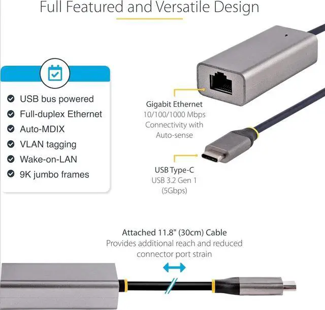 Alt view image 3 of 3 - USB-C to Ethernet Adapter, 10/100/1000 Mbps, Gigabit Network Adapter, ASIX AX88179A, 1ft/30cm Cable, Windows/macOS/Linux