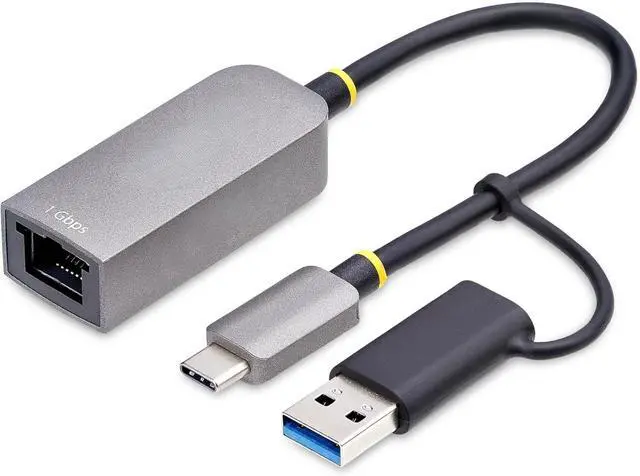Main image of USB-C to Ethernet Adapter w/USB-A Dongle, 10/100/1000Mbps, USB GbE Adapter, 6in/15cm Attached Cable, Status LEDs