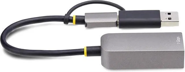 Alt view image 5 of 5 - USB-C to Ethernet Adapter w/USB-A Dongle, 10/100/1000Mbps, USB GbE Adapter, 6in/15cm Attached Cable, Status LEDs