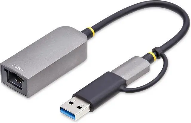 Alt view image 2 of 5 - USB-C to Ethernet Adapter w/USB-A Dongle, 10/100/1000Mbps, USB GbE Adapter, 6in/15cm Attached Cable, Status LEDs