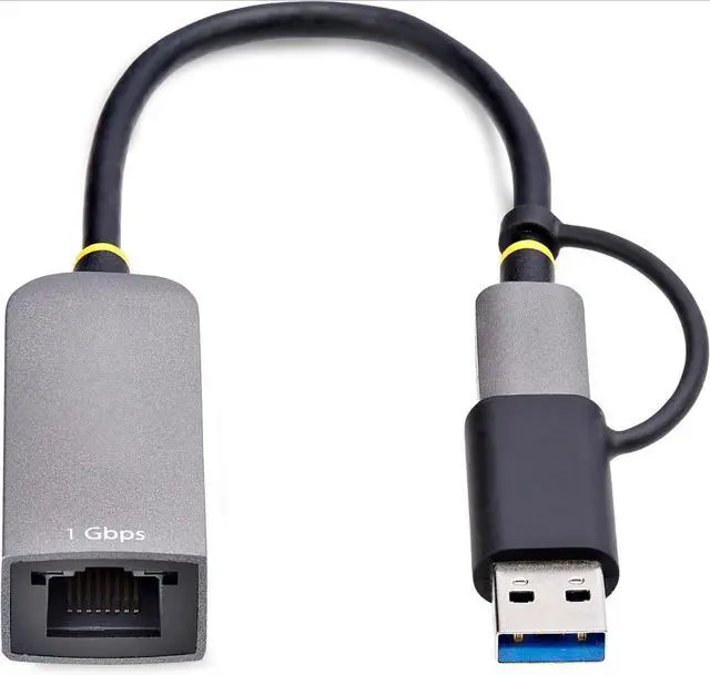Alt view image 4 of 5 - USB-C to Ethernet Adapter w/USB-A Dongle, 10/100/1000Mbps, USB GbE Adapter, 6in/15cm Attached Cable, Status LEDs