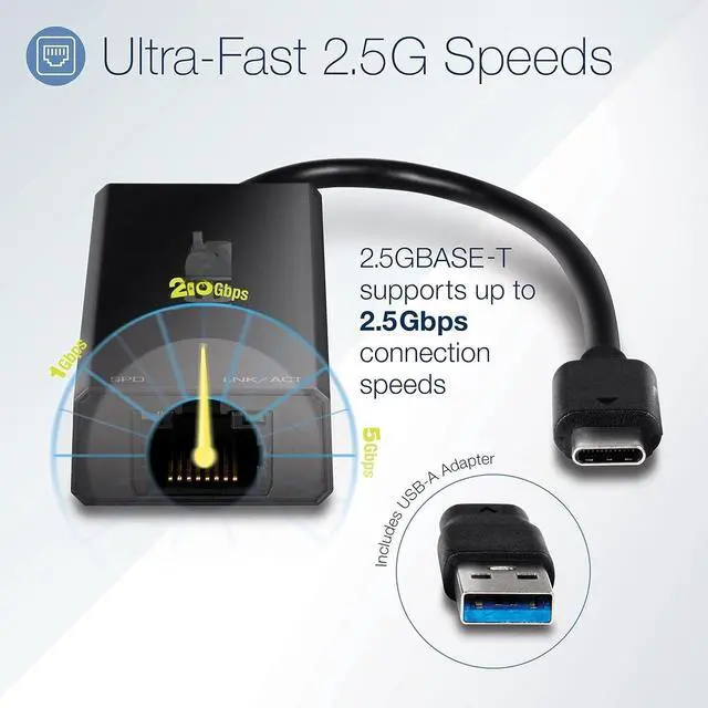 Alt view image 3 of 5 - USB-C 3.1 to 2.5GBASE-T Ethernet Adapter, TUC-ET2G, NDAA & TAA Compliant, Windows & Mac Compatible, USB Type-C to USB-A Converter Included, Up to 2.5Gbps Speeds, Black