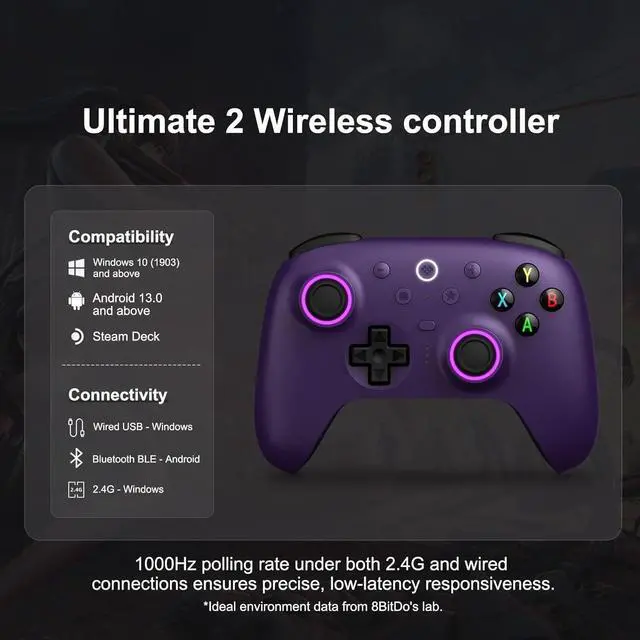 Alt view image 2 of 3 - FOR-Ultimate 2 Wireless Controller for Windows, Android, Steam Deck, TMR joysticks, 1000Hz Polling Rate, Tactile/Hall Triggers, Motion Control, Programmable Back Paddle Buttons&L4/R4 Bumpers,Purple