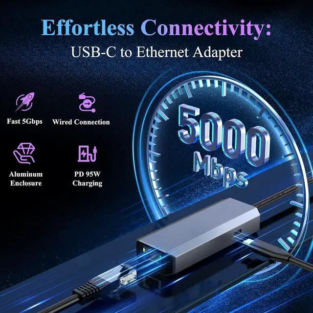 Alt view image 2 of 5 - 5Gbps USB-C to Ethernet Adapter with 95W Charging Port, USB 3.2 Type-C to RJ45 5 Gigabit Ethernet Dongle, Aluminum Case Ethernet LAN Network Adapter for Laptops, MacBook, iPad, and More