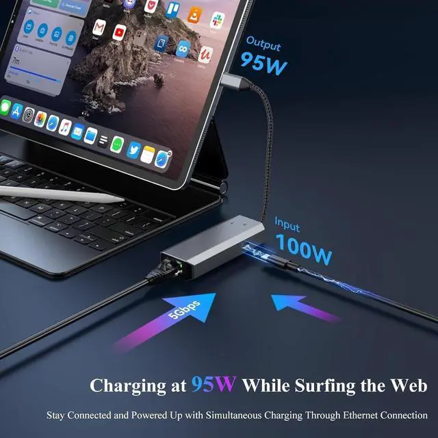 Alt view image 4 of 5 - 5Gbps USB-C to Ethernet Adapter with 95W Charging Port, USB 3.2 Type-C to RJ45 5 Gigabit Ethernet Dongle, Aluminum Case Ethernet LAN Network Adapter for Laptops, MacBook, iPad, and More