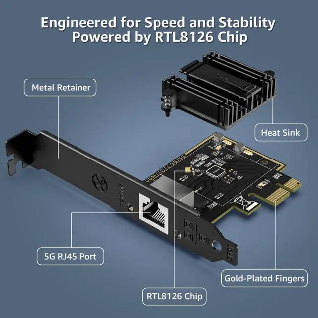 Alt view image 3 of 5 - 5Gb PCIe Network Card, 5G Base-T PCI Express Ethernet Adapter with RTL8126, Support WOL, 5G/2.5G/1G/100Mbps NIC Card RJ45 Port for PC Windows/Linux OS