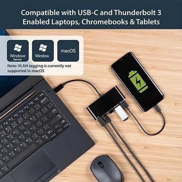 Alt view image 4 of 4 - FOR-USB C to Ethernet Adapter - 3 Port - with Power Delivery (USB PD) - Power Pass Through Charging - USB C Adapter (US1GC303APD) Black