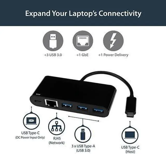 Alt view image 2 of 4 - FOR-USB C to Ethernet Adapter - 3 Port - with Power Delivery (USB PD) - Power Pass Through Charging - USB C Adapter (US1GC303APD) Black