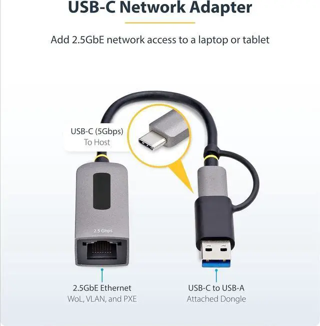 Alt view image 2 of 5 - 2.5GbE USB-C to Ethernet Adapter with USB-A Converter, NBASE-T NIC, USB 3.0 Type-C 2.5/1G Multi Speed Network