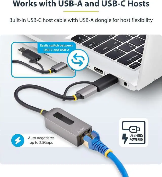 Alt view image 3 of 5 - 2.5GbE USB-C to Ethernet Adapter with USB-A Converter, NBASE-T NIC, USB 3.0 Type-C 2.5/1G Multi Speed Network
