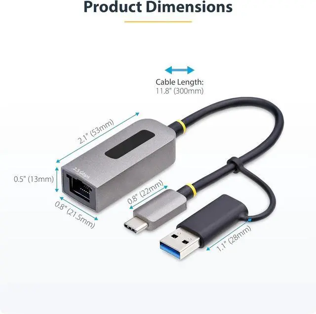 Alt view image 5 of 5 - 2.5GbE USB-C to Ethernet Adapter with USB-A Converter, NBASE-T NIC, USB 3.0 Type-C 2.5/1G Multi Speed Network