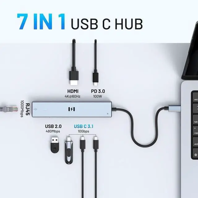 Alt view image 2 of 3 - 10Gbps USB C Hub Multiport Adapter, Ethernet Adapter with 4K@60Hz HDMI, Gigabit Ethernet, 3 USB C Ports, 100W PD, USBC Dongle for MacBook Pro Air, iPad, HP, Dell, etc