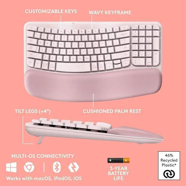 Alt view image 4 of 5 - FOR-Wave Keys Wireless Ergonomic Keyboard with Cushioned Palm Rest, Comfortable Natural Typing, Easy-Switch, Bluetooth, Logi Bolt Receiver, for Multi-OS, Windows/Mac - Rose