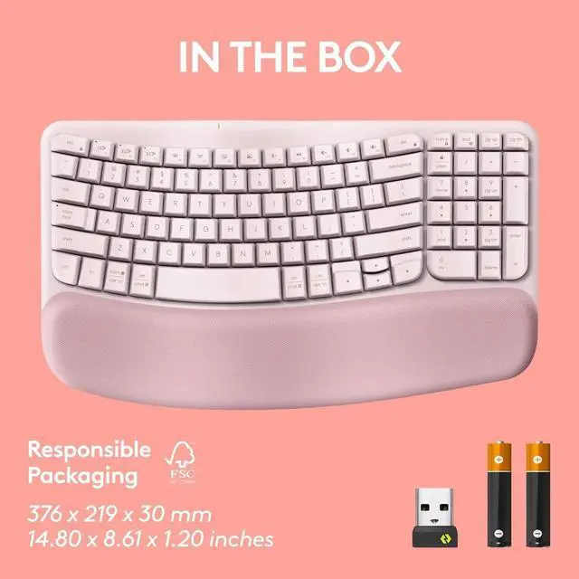 Alt view image 5 of 5 - FOR-Wave Keys Wireless Ergonomic Keyboard with Cushioned Palm Rest, Comfortable Natural Typing, Easy-Switch, Bluetooth, Logi Bolt Receiver, for Multi-OS, Windows/Mac - Rose
