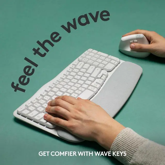 Alt view image 2 of 5 - FOR-Wave Keys Wireless Ergonomic Keyboard with Cushioned Palm Rest, Comfortable Natural Typing, Easy-Switch, Bluetooth, Logi Bolt Receiver, for Multi-OS, Windows/Mac - Off White