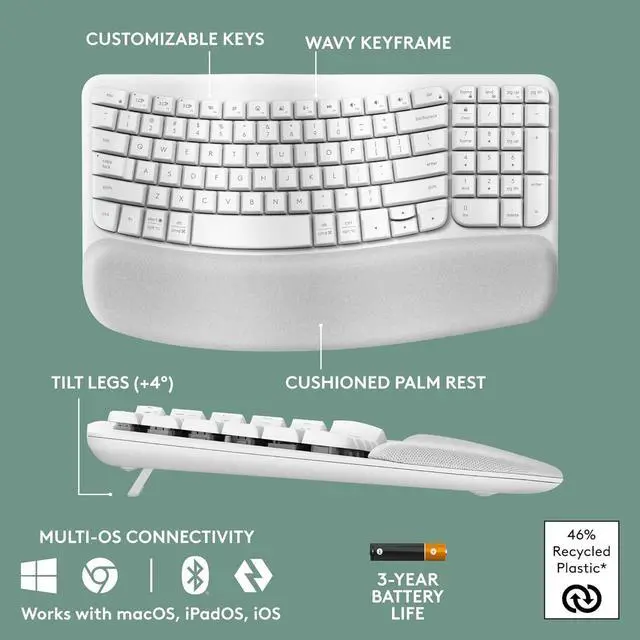 Alt view image 3 of 5 - FOR-Wave Keys Wireless Ergonomic Keyboard with Cushioned Palm Rest, Comfortable Natural Typing, Easy-Switch, Bluetooth, Logi Bolt Receiver, for Multi-OS, Windows/Mac - Off White