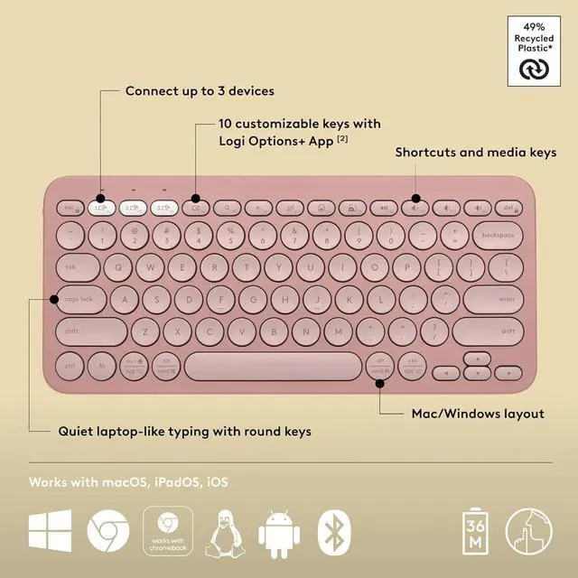 Alt view image 3 of 5 - Pebble Keys 2 K380s, Multi-Device Bluetooth Wireless Keyboard with Customizable Shortcuts, Slim and Portable, Easy-Switch for Windows, macOS, iPadOS, Android, Chrome OS - Tonal Rose