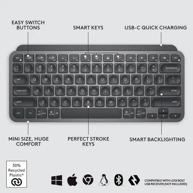 Alt view image 3 of 4 - MX Keys Mini Minimalist Wireless Illuminated Keyboard, Compact, Bluetooth, Backlit, USB-C, Compatible with Apple macOS, iOS, Windows, Linux, Android, Metal Build - Graphite
