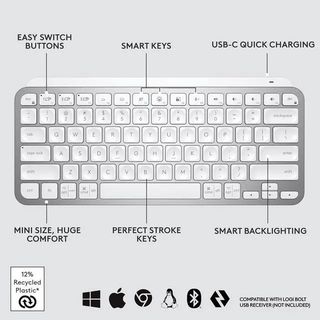 Alt view image 3 of 5 - FOR-MX Keys Mini Minimalist Wireless Illuminated Keyboard, Compact, Bluetooth, Backlit, USB-C, Compatible with Apple macOS, iOS, Windows, Linux, Android, Metal Build - Pale Gray
