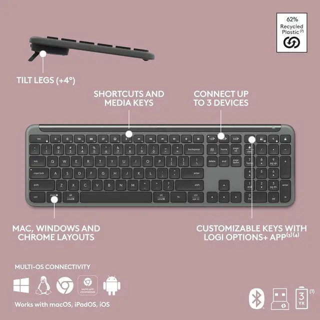 Alt view image 2 of 4 - Signature Slim K950 Wireless Keyboard, Sleek Design, Switch Typing Between Devices, Quiet Typing, Bluetooth, Multi-OS, Windows, Mac, Chrome - Graphite