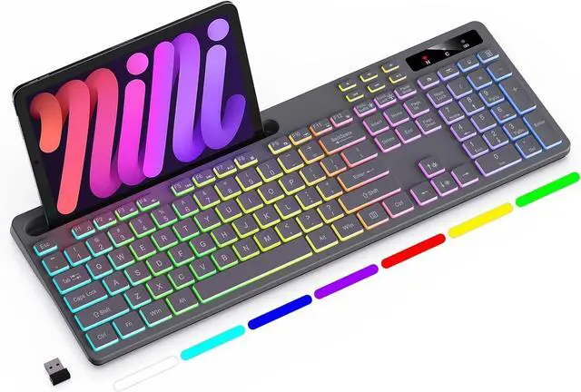 Main image of Wireless Keyboard with 7-Color RGB Backlit, Full-Size Computer Keyboard with Phone Tablet Holder, 2.4G Rechargeable Gaming Keyboard with Light Up Keys, Compatible with Mac, Windows (Grey)