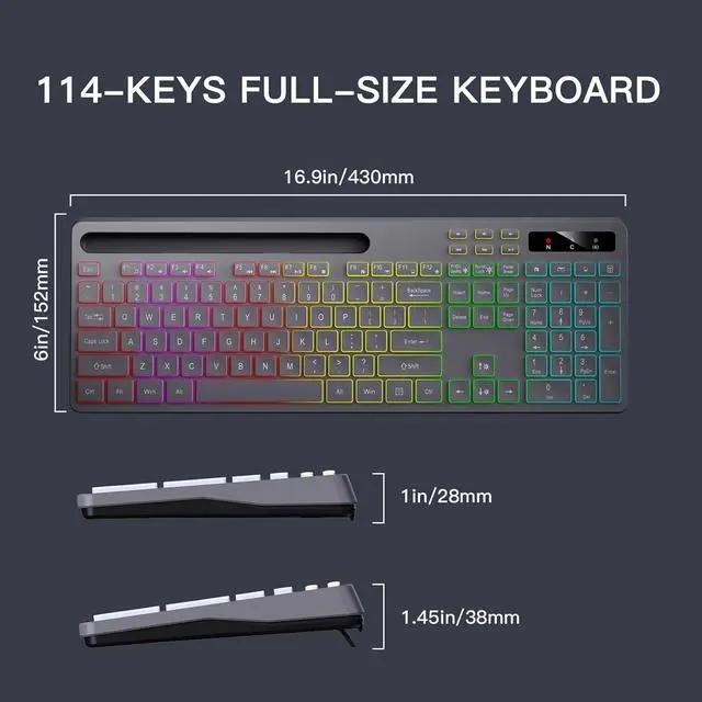 Alt view image 3 of 4 - Wireless Keyboard with 7-Color RGB Backlit, Full-Size Computer Keyboard with Phone Tablet Holder, 2.4G Rechargeable Gaming Keyboard with Light Up Keys, Compatible with Mac, Windows (Grey)