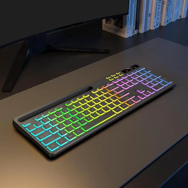 Alt view image 4 of 4 - Wireless Keyboard with 7-Color RGB Backlit, Full-Size Computer Keyboard with Phone Tablet Holder, 2.4G Rechargeable Gaming Keyboard with Light Up Keys, Compatible with Mac, Windows (Grey)