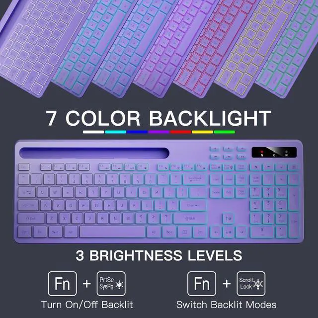 Alt view image 2 of 5 - Wireless Keyboard with 7-Color RGB Backlit, Full-Size Computer Keyboard with Phone Tablet Holder, 2.4G Rechargeable Gaming Keyboard with Light Up Keys, Compatible with Mac, Windows (Purple)