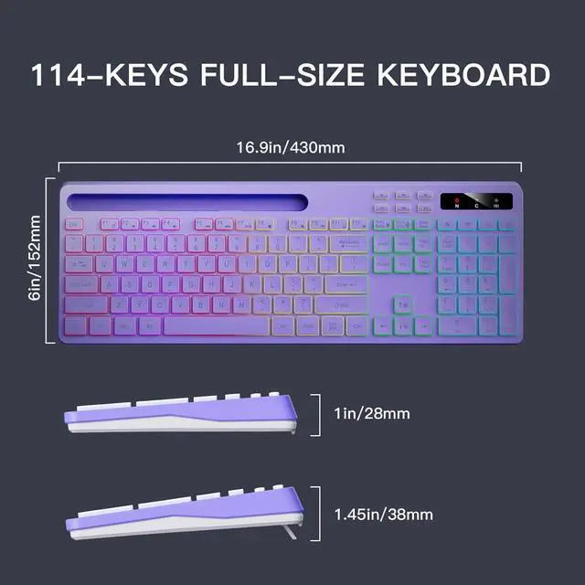 Alt view image 3 of 5 - Wireless Keyboard with 7-Color RGB Backlit, Full-Size Computer Keyboard with Phone Tablet Holder, 2.4G Rechargeable Gaming Keyboard with Light Up Keys, Compatible with Mac, Windows (Purple)
