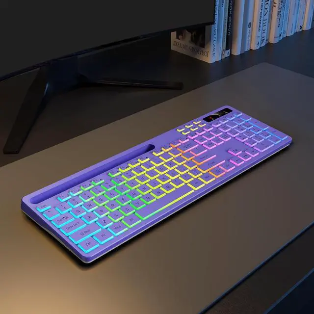 Alt view image 4 of 5 - Wireless Keyboard with 7-Color RGB Backlit, Full-Size Computer Keyboard with Phone Tablet Holder, 2.4G Rechargeable Gaming Keyboard with Light Up Keys, Compatible with Mac, Windows (Purple)