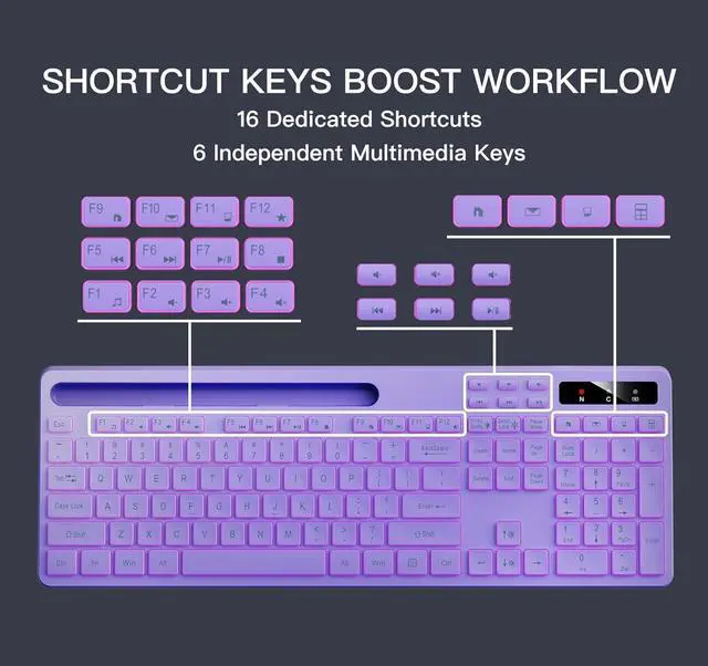 Alt view image 5 of 5 - Wireless Keyboard with 7-Color RGB Backlit, Full-Size Computer Keyboard with Phone Tablet Holder, 2.4G Rechargeable Gaming Keyboard with Light Up Keys, Compatible with Mac, Windows (Purple)
