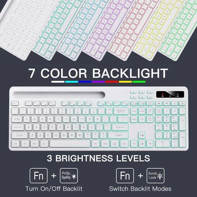 Alt view image 2 of 5 - Wireless Keyboard with 7-Color RGB Backlit, Full-Size Computer Keyboard with Phone Tablet Holder, 2.4G Rechargeable Gaming Keyboard with Light Up Keys, Compatible with Mac, Windows (White)