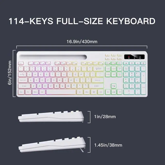Alt view image 5 of 5 - Wireless Keyboard with 7-Color RGB Backlit, Full-Size Computer Keyboard with Phone Tablet Holder, 2.4G Rechargeable Gaming Keyboard with Light Up Keys, Compatible with Mac, Windows (White)