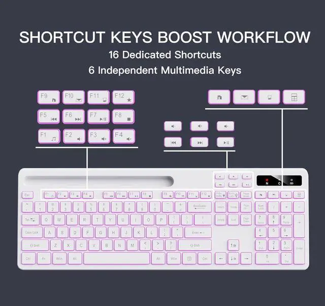 Alt view image 3 of 5 - Wireless Keyboard with 7-Color RGB Backlit, Full-Size Computer Keyboard with Phone Tablet Holder, 2.4G Rechargeable Gaming Keyboard with Light Up Keys, Compatible with Mac, Windows (White)