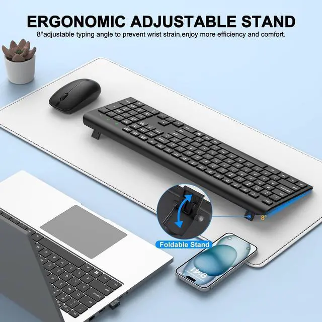 Alt view image 4 of 6 - Wireless Keyboard and Mouse Combo, Full Size Silent Ergonomic Keyboard and Mouse, Long Battery Life, Optical Mouse, 2.4G Lag-Free Cordless Mice Keyboard for Computer, Mac, Laptop, PC, Windows