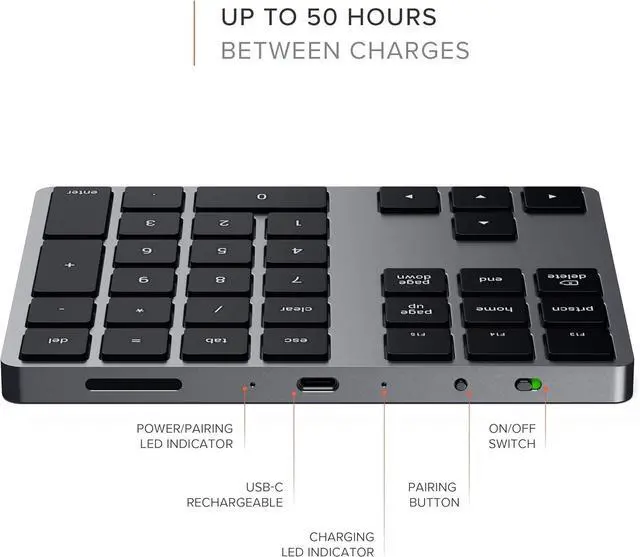 Alt view image 3 of 5 - FOR-Bluetooth Extended Numeric Keypad, Slim Rechargeable 34-Key Numberpad, for MacBook Air/Pro M4, iPad Air/Pro M4/M3, iPad mini, Mac mini, iMac - Space Gray