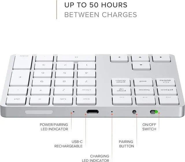 Alt view image 3 of 5 - FOR-Bluetooth Extended Numeric Keypad, Slim Rechargeable 34-Key Numberpad, for MacBook Air/Pro M4, iPad Air/Pro M4/M3, iPad mini, Mac mini, iMac - Silver