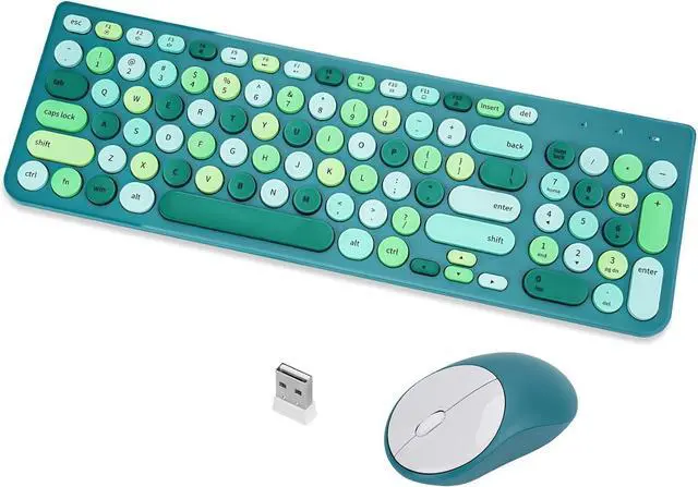 Main image of Wireless Keyboard and Mouse Combo, Retro Typewriter Keyboard with Round Keycaps, 2.4GHz USB Cute Wireless Keyboard Mouse for Computer, Desktop (Green)