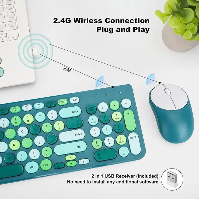 Alt view image 2 of 5 - Wireless Keyboard and Mouse Combo, Retro Typewriter Keyboard with Round Keycaps, 2.4GHz USB Cute Wireless Keyboard Mouse for Computer, Desktop (Green)