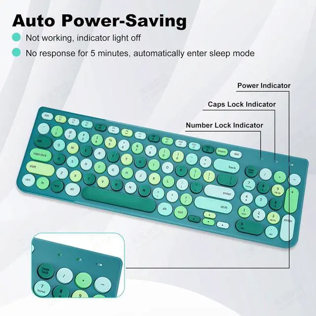 Alt view image 3 of 5 - Wireless Keyboard and Mouse Combo, Retro Typewriter Keyboard with Round Keycaps, 2.4GHz USB Cute Wireless Keyboard Mouse for Computer, Desktop (Green)