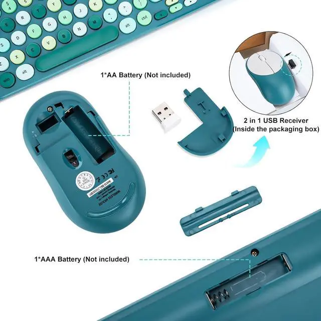 Alt view image 4 of 5 - Wireless Keyboard and Mouse Combo, Retro Typewriter Keyboard with Round Keycaps, 2.4GHz USB Cute Wireless Keyboard Mouse for Computer, Desktop (Green)