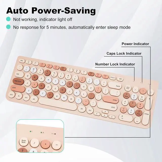 Alt view image 3 of 5 - Wireless Keyboard and Mouse Combo, Retro Typewriter Keyboard with Round Keycaps, 2.4GHz USB Cute Wireless Keyboard Mouse for Computer, Desktop, Laptop (Milk Tea Colorful)