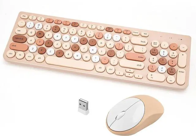 Main image of Wireless Keyboard and Mouse Combo, Retro Typewriter Keyboard with Round Keycaps, 2.4GHz USB Cute Wireless Keyboard Mouse for Computer, Desktop, Laptop (Milk Tea Colorful)