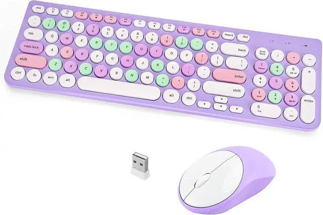 Main image of Wireless Keyboard and Mouse Combo, Retro Typewriter Keyboard with Round Keycaps, 2.4GHz USB Cute Wireless Keyboard Mouse for Computer, Desktop, Laptop (Purple Colorful)