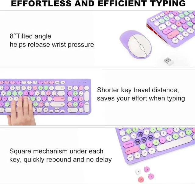 Alt view image 4 of 5 - Wireless Keyboard and Mouse Combo, Retro Typewriter Keyboard with Round Keycaps, 2.4GHz USB Cute Wireless Keyboard Mouse for Computer, Desktop, Laptop (Purple Colorful)