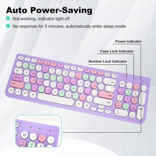 Alt view image 3 of 5 - Wireless Keyboard and Mouse Combo, Retro Typewriter Keyboard with Round Keycaps, 2.4GHz USB Cute Wireless Keyboard Mouse for Computer, Desktop, Laptop (Purple Colorful)