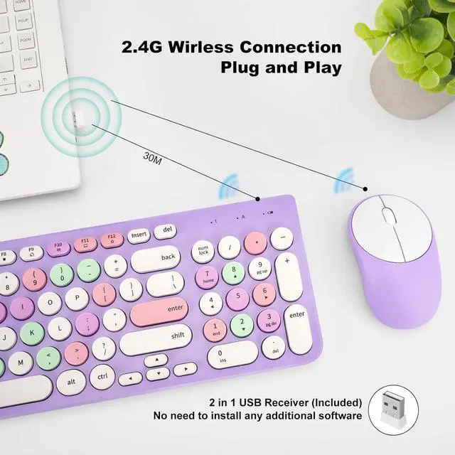 Alt view image 2 of 5 - Wireless Keyboard and Mouse Combo, Retro Typewriter Keyboard with Round Keycaps, 2.4GHz USB Cute Wireless Keyboard Mouse for Computer, Desktop, Laptop (Purple Colorful)